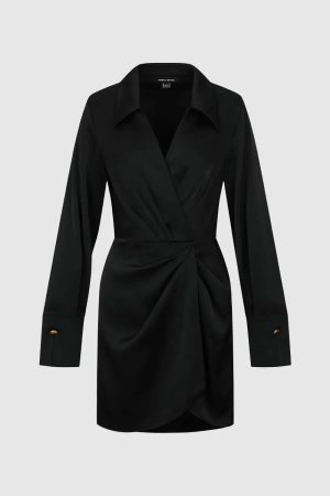 Black Draped Silk V Neck Wrap Midi Dress