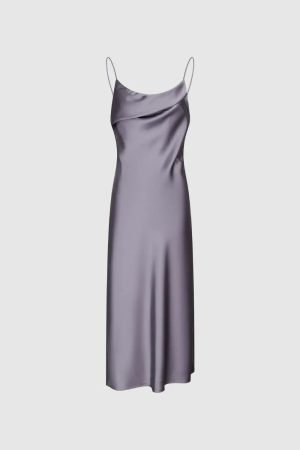 Lavender Strappy A-Line Satin-Like Maxi Draped Neck Dress