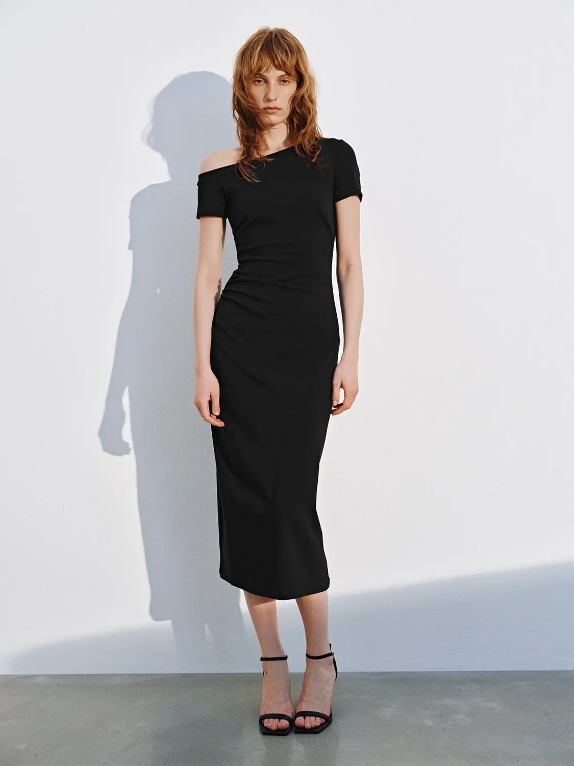 Cotton Stretch One Shoulder Short Sleeve Ruched Midi Dress