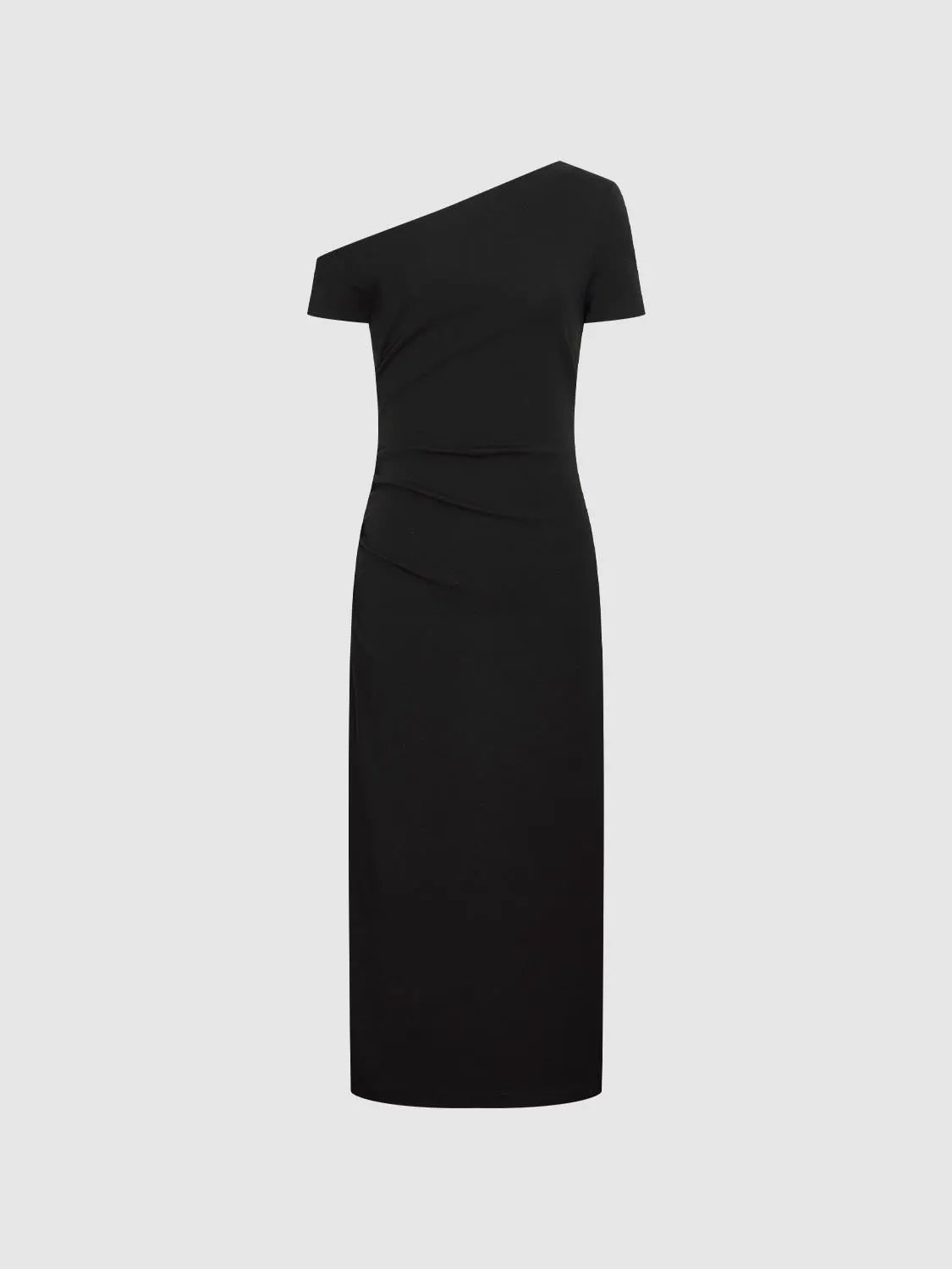 Cotton Stretch One Shoulder Short Sleeve Ruched Midi Dress - Image 7