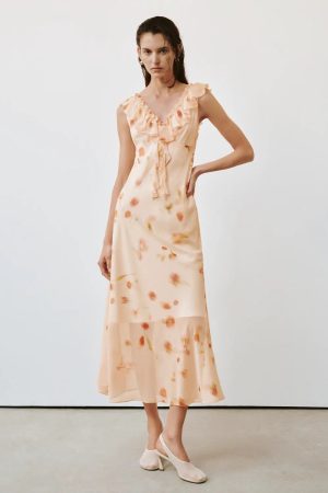 Ruffle Collar Sleeveless Floral Print Maxi Dresses