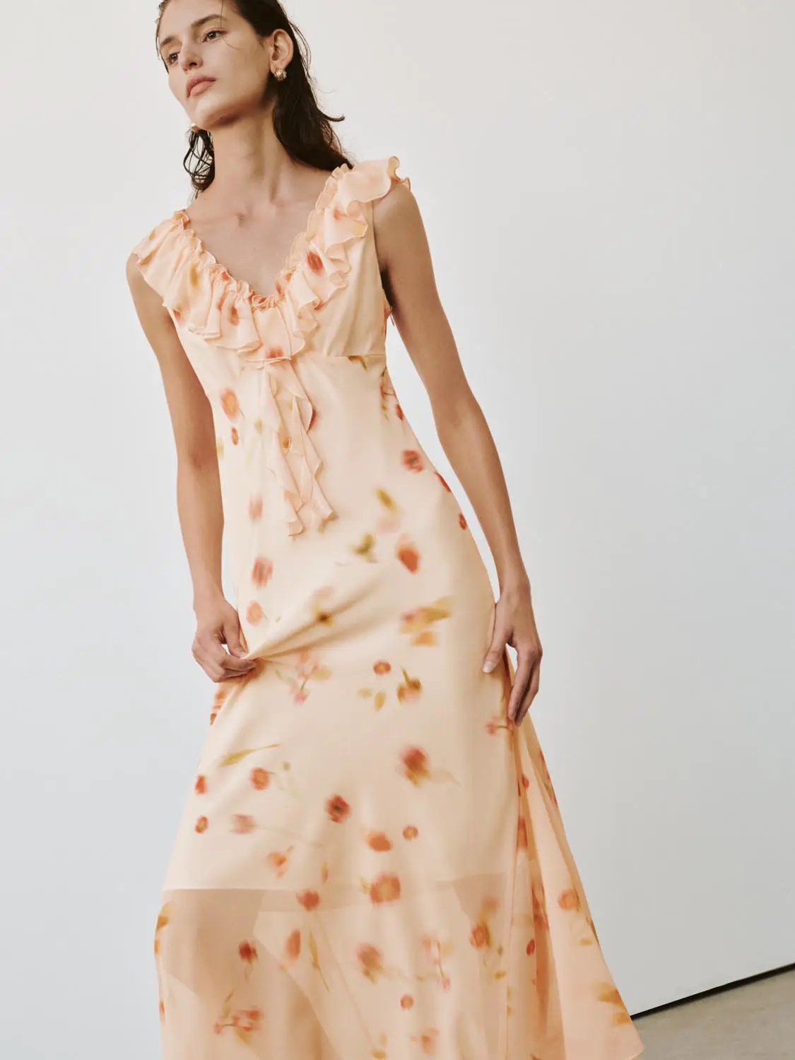 Ruffle Collar Sleeveless Floral Print Maxi Dresses - Image 2
