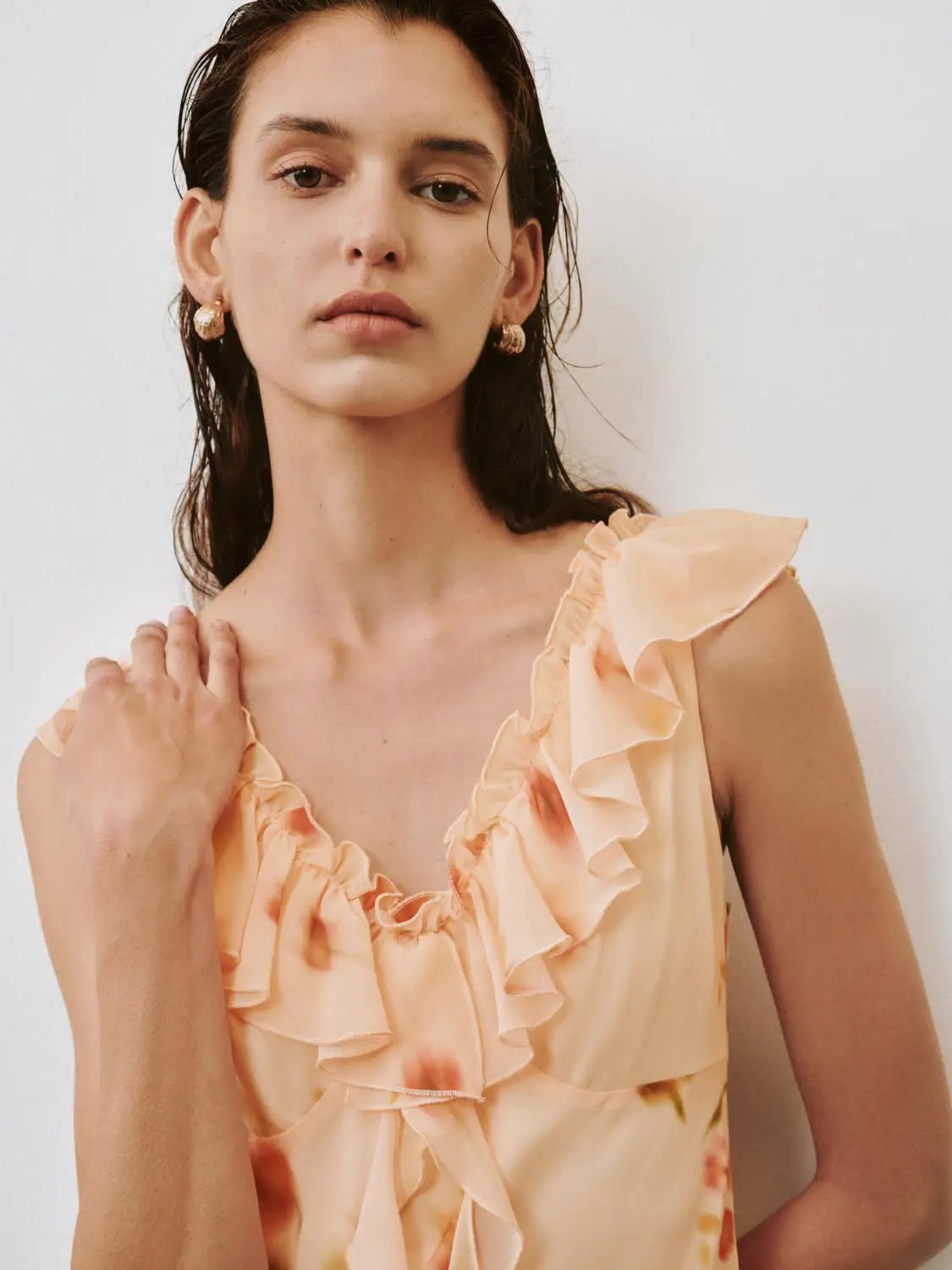 Ruffle Collar Sleeveless Floral Print Maxi Dresses - Image 3