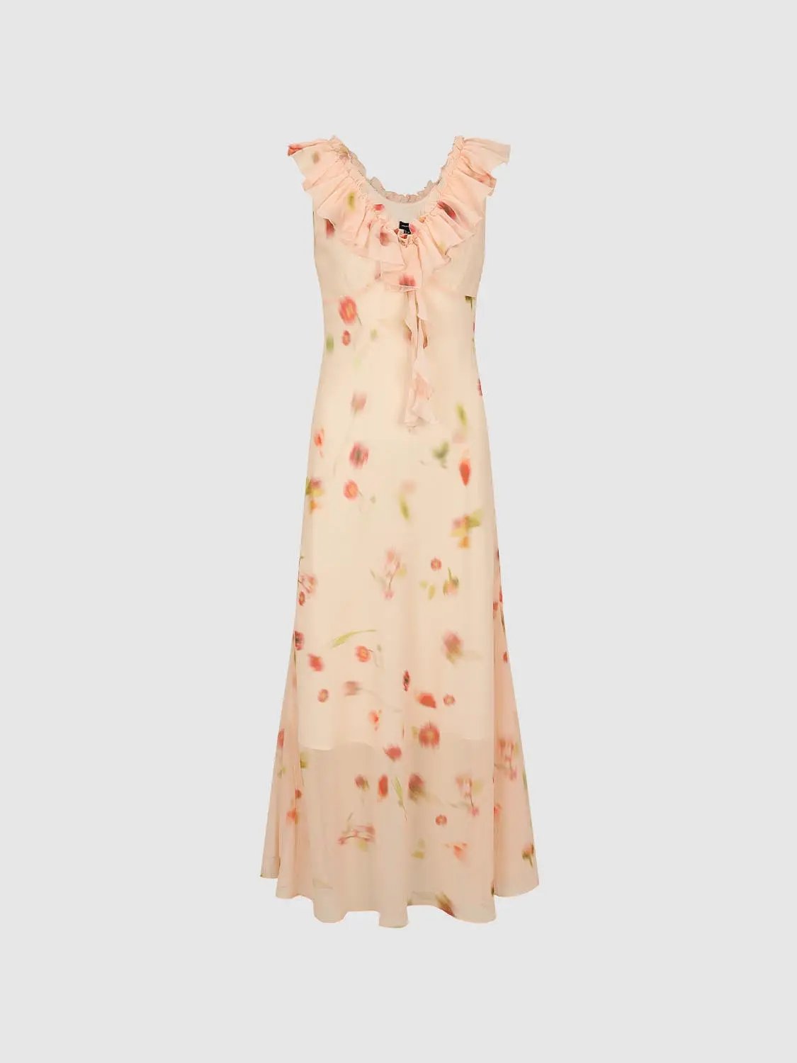 Ruffle Collar Sleeveless Floral Print Maxi Dresses - Image 7