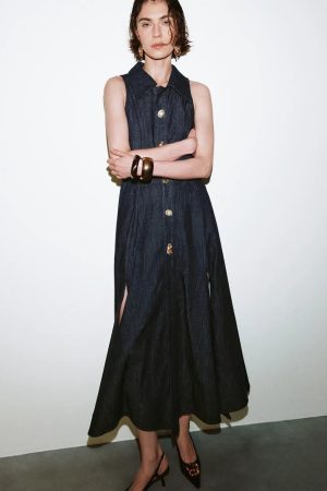 Denim Pleated Sleeveless Button Detail Dresses