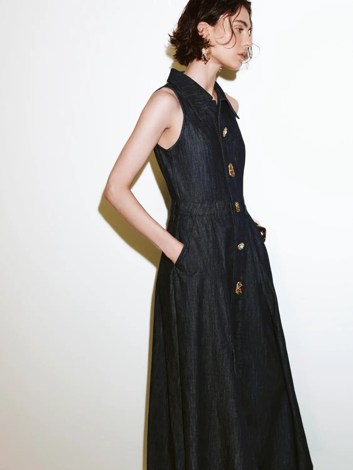 Denim Pleated Sleeveless Button Detail Dresses - Image 2