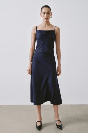 Lyocell Blend Strappy Navy Chic Midi Dresses