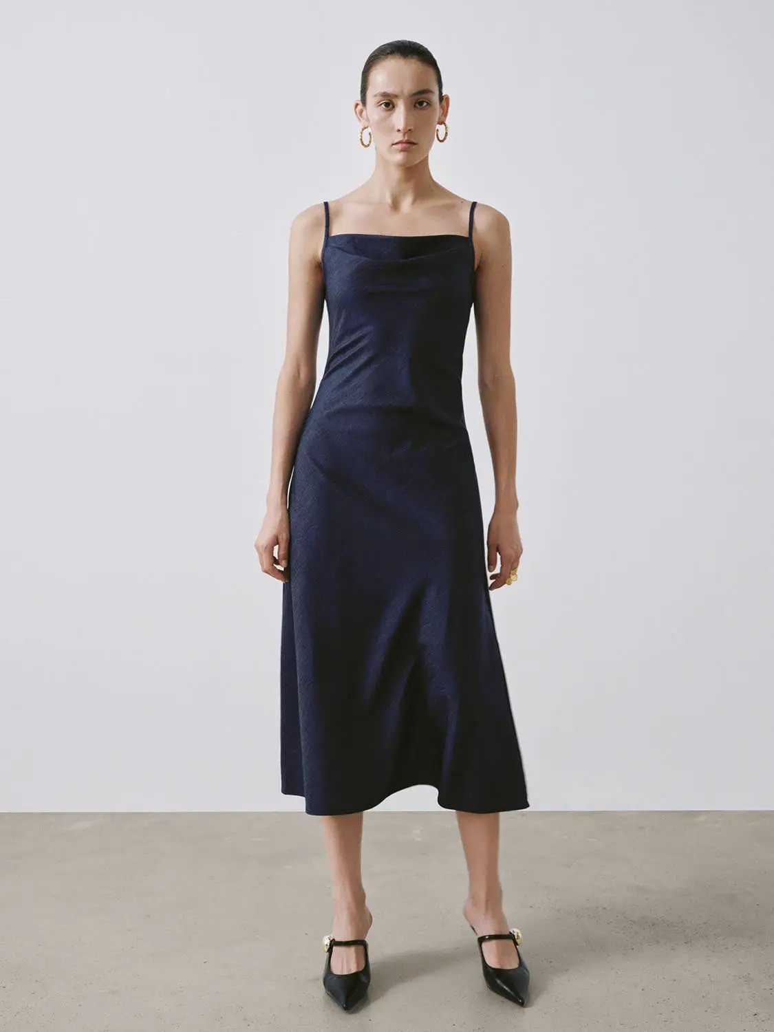 Lyocell Blend Strappy Navy Chic Midi Dresses