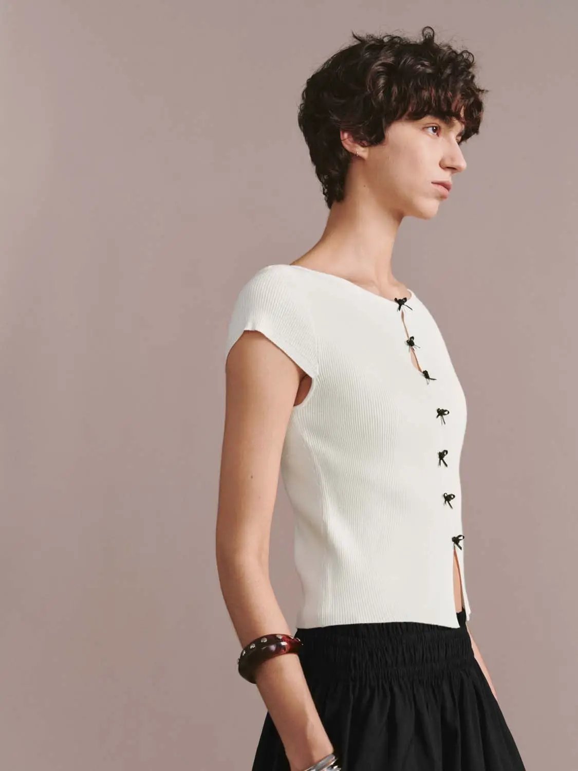 Bow Detail Slim Fit Knitted Fine Knit T Shirt - Image 2