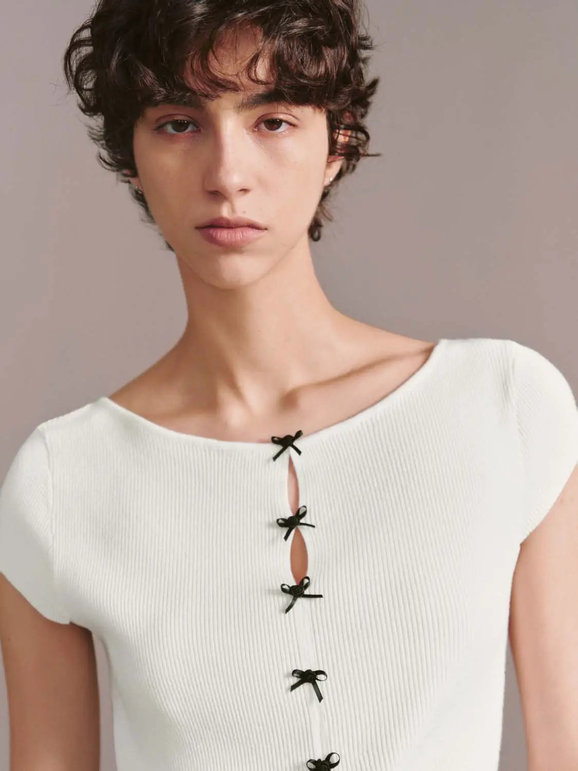 Bow Detail Slim Fit Knitted Fine Knit T Shirt - Image 3