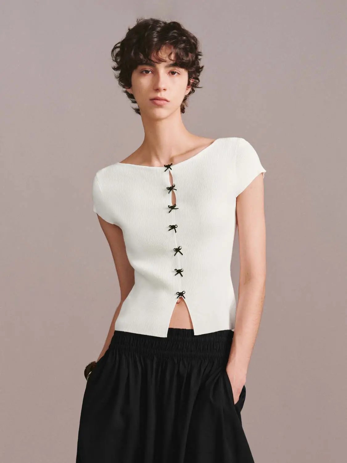 Bow Detail Slim Fit Knitted Fine Knit T Shirt - Image 9