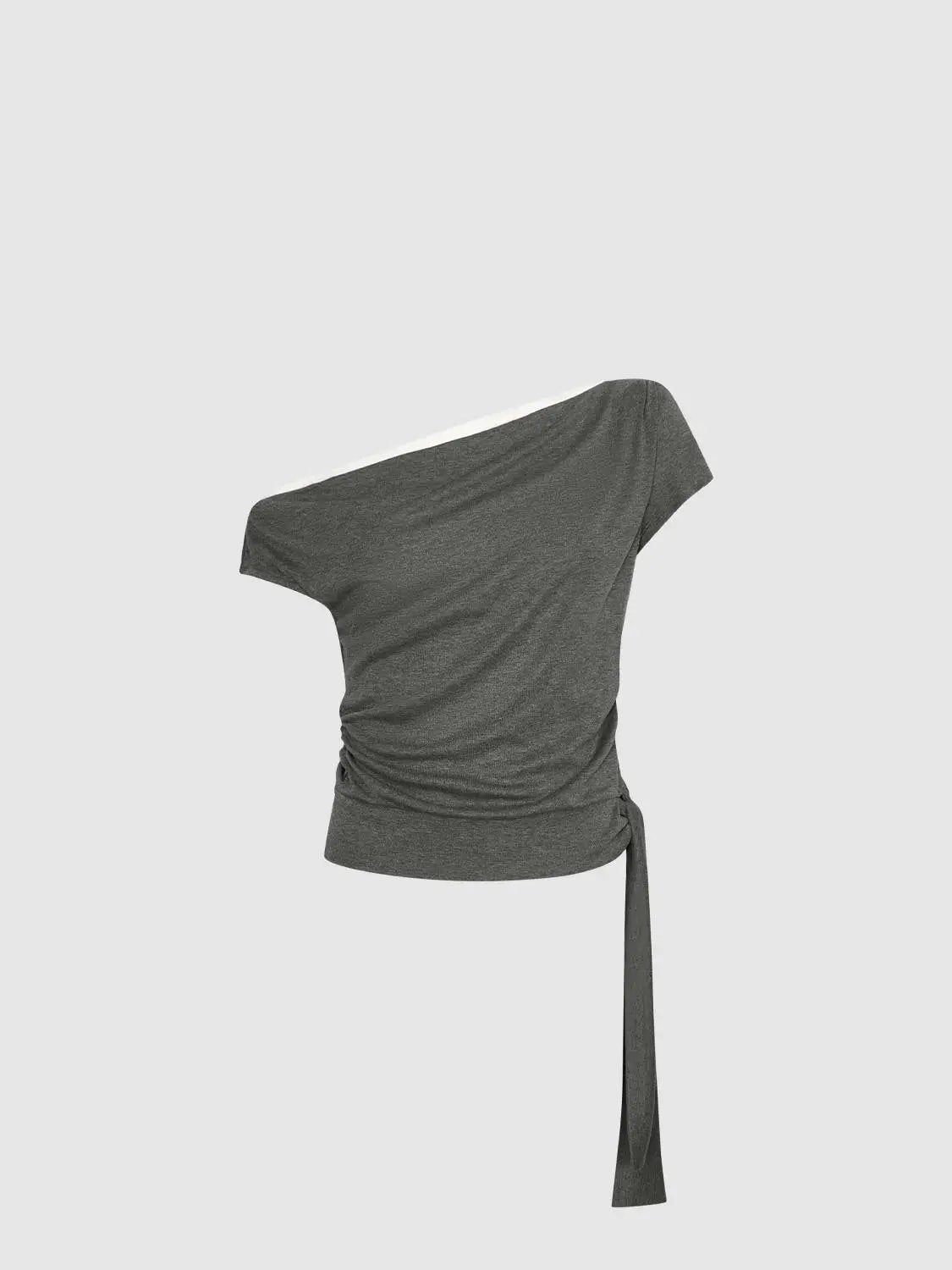 Olive One Shoulder Ruched Lace Trim Elegant Top - Image 15
