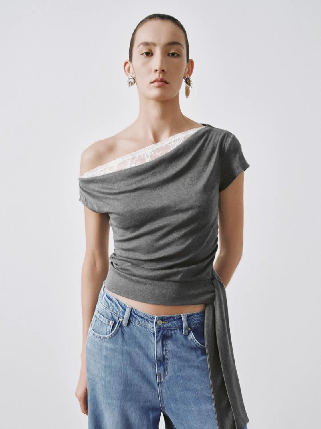 Olive One Shoulder Ruched Lace Trim Elegant Top - Image 18