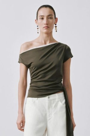 Olive One Shoulder Ruched Lace Trim Elegant Top