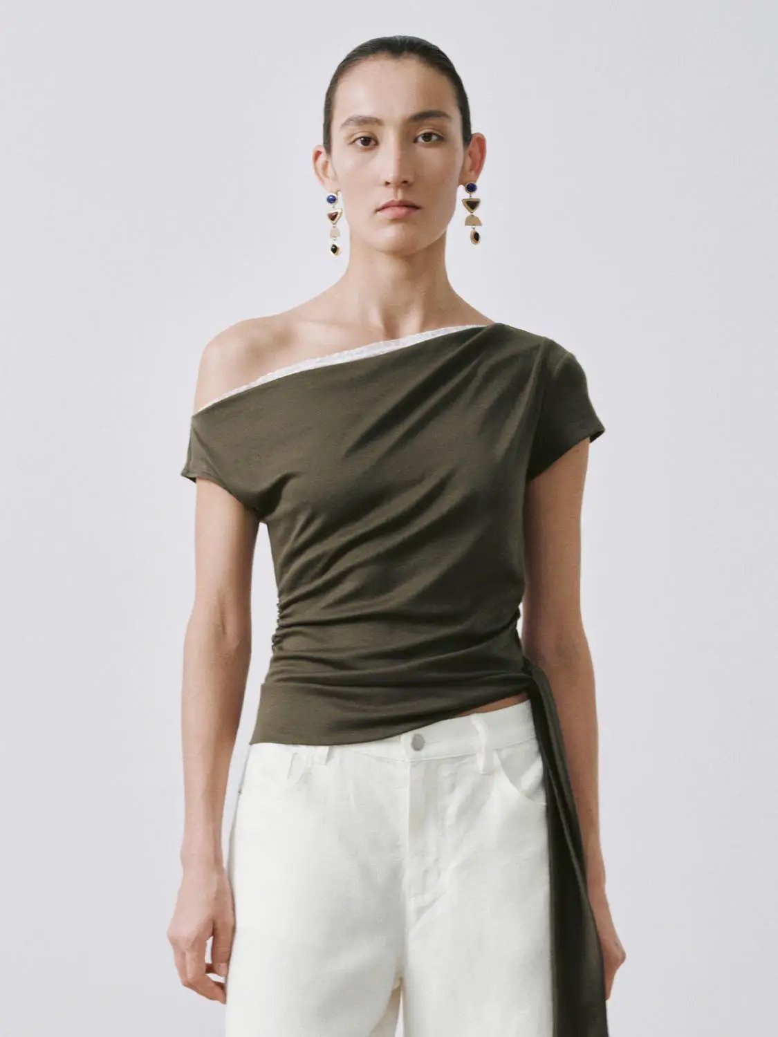 Olive One Shoulder Ruched Lace Trim Elegant Top - Image 17