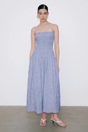 Strappy Shirring Detail Aline Textured Midi Dress