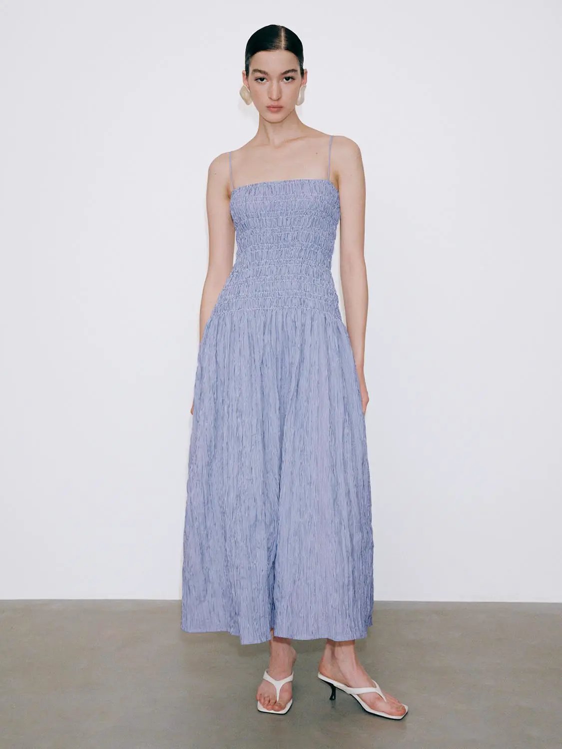 Strappy Shirring Detail Aline Textured Midi Dress