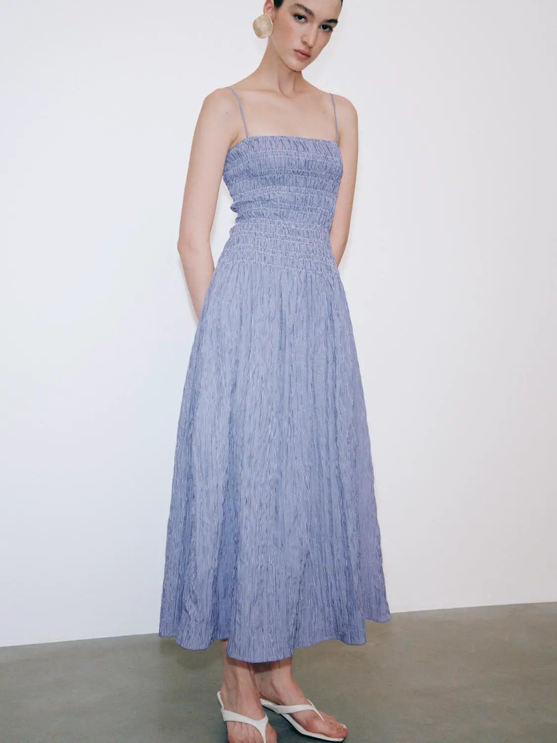 Strappy Shirring Detail Aline Textured Midi Dress - Image 4