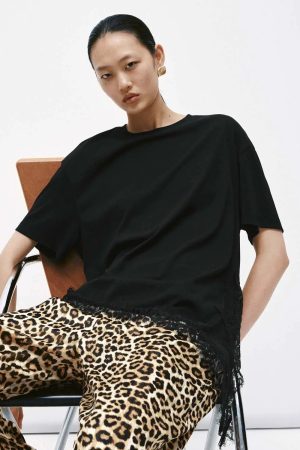 Cotton Lace Trim Relaxed Fit Crew Neck T-Shirts