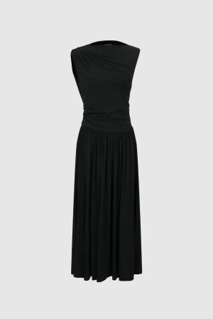 Elegant Pleated Sleeveless A-Line Midi Dresses