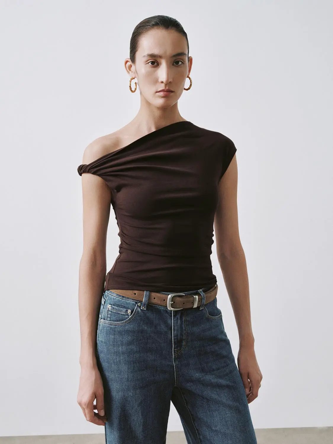 One Shoulder Ruched Cotton Blend T Shirt - Image 3