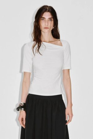 Asymmetric Neck Ruched Viscose Cotton T Shirt