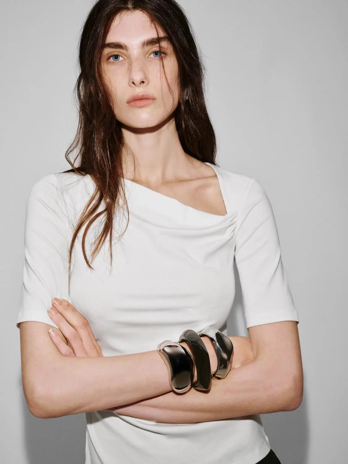 Asymmetric Neck Ruched Viscose Cotton T Shirt - Image 9