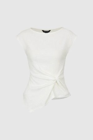Cotton Asymmetric Front Knot Cap Sleeve T Shirt