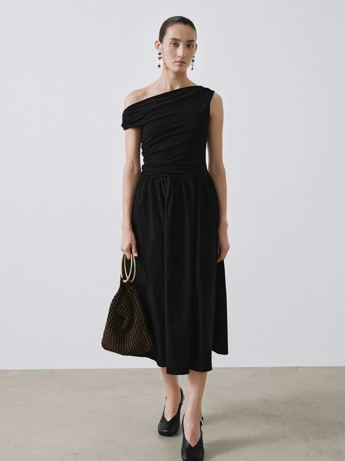 One Shoulder Ruched A-Line Midi Viscose Blend Dress - Image 18