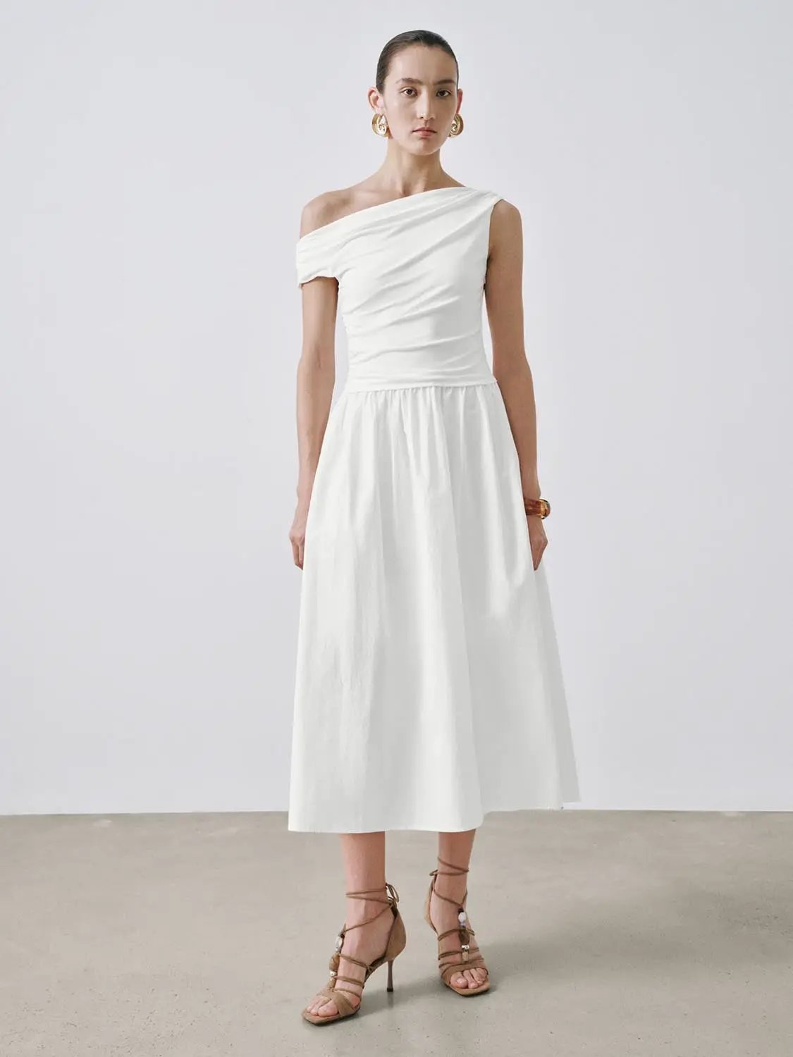 One Shoulder Ruched A-Line Midi Viscose Blend Dress - Image 17