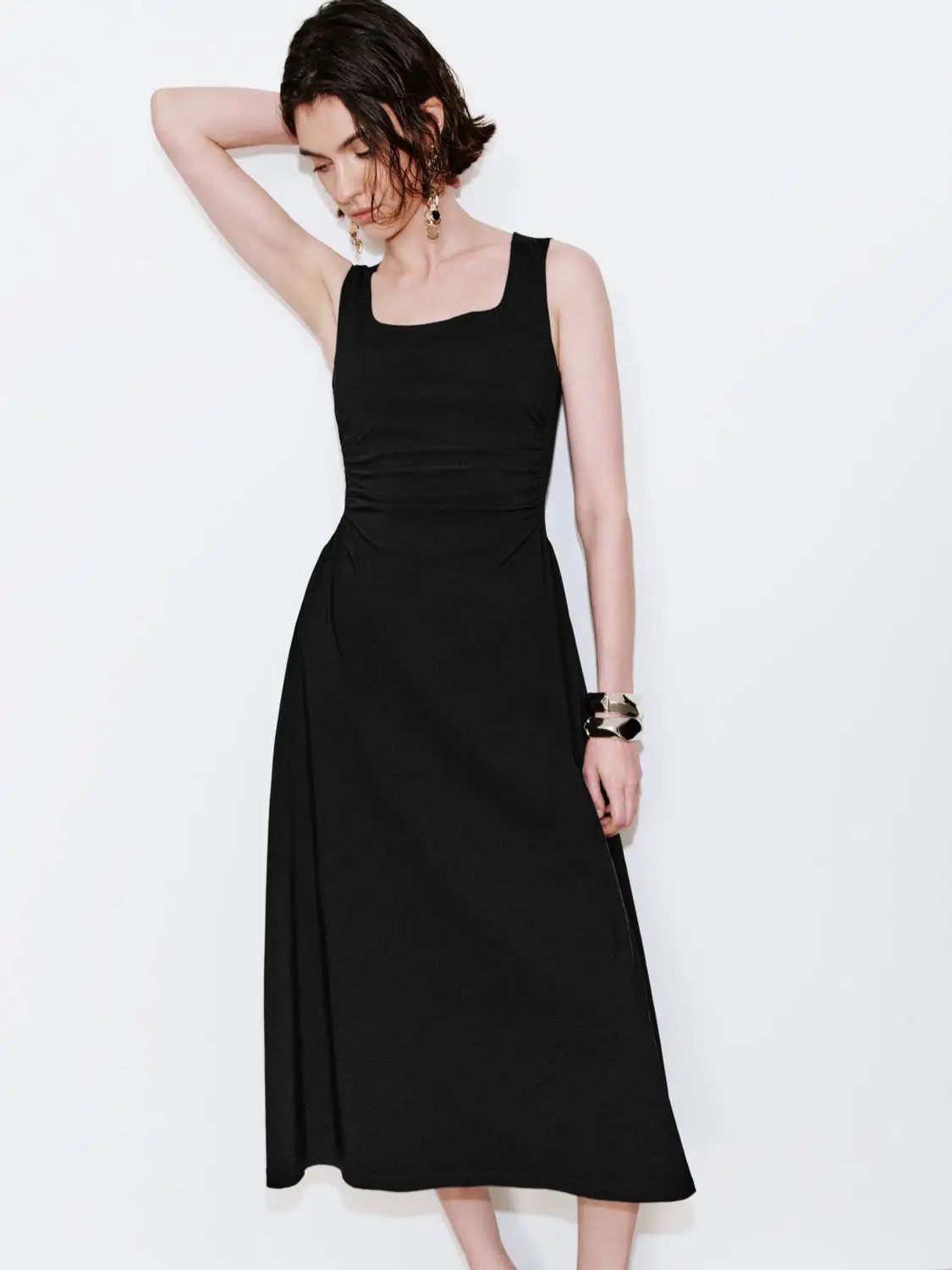 Viscose Blend U-Neck Ruched Waist A-Line Midi Dresses - Image 6
