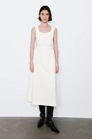 Viscose Blend U-Neck Ruched Waist A-Line Midi Dresses