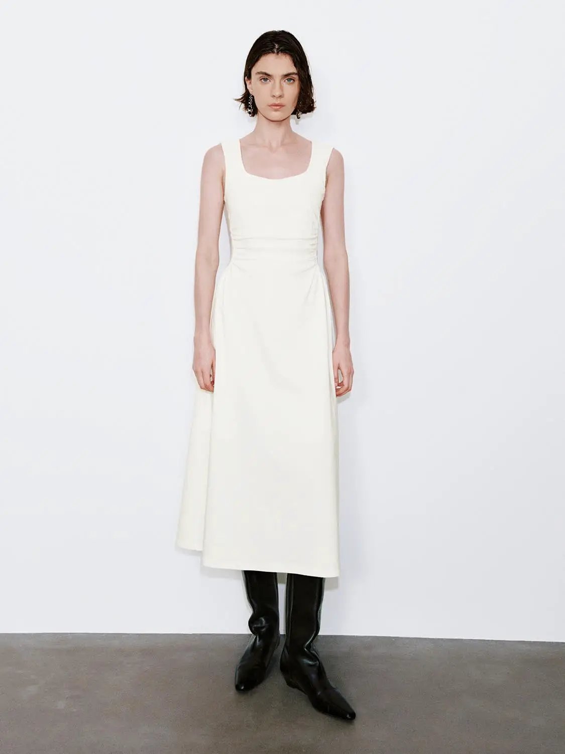 Viscose Blend U-Neck Ruched Waist A-Line Midi Dresses