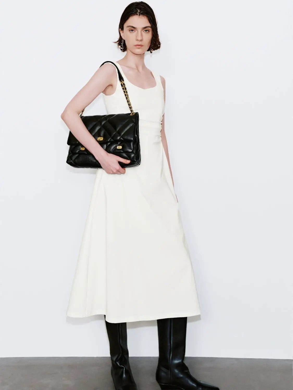 Viscose Blend U-Neck Ruched Waist A-Line Midi Dresses - Image 2