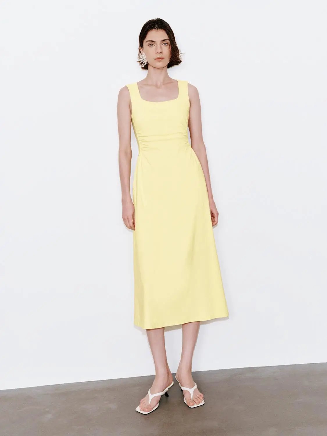 Viscose Blend U-Neck Ruched Waist A-Line Midi Dresses - Image 17