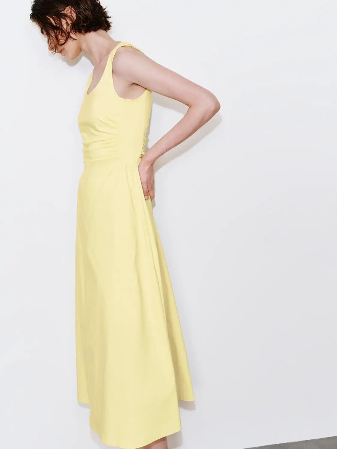 Viscose Blend U-Neck Ruched Waist A-Line Midi Dresses - Image 18