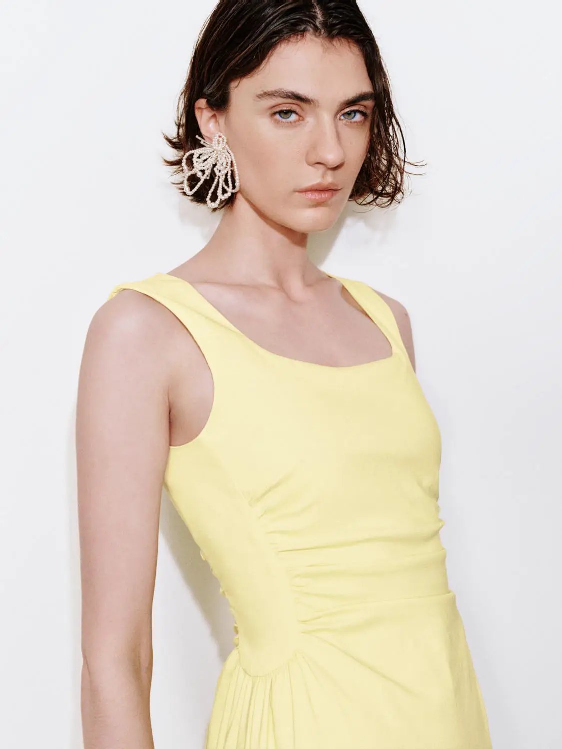 Viscose Blend U-Neck Ruched Waist A-Line Midi Dresses - Image 19
