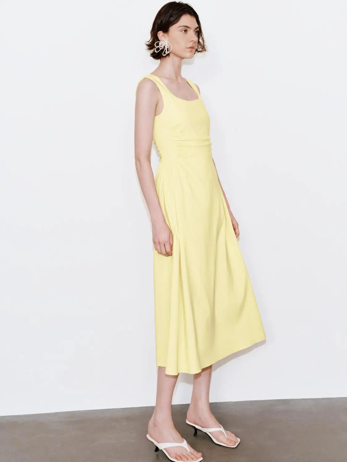 Viscose Blend U-Neck Ruched Waist A-Line Midi Dresses - Image 20