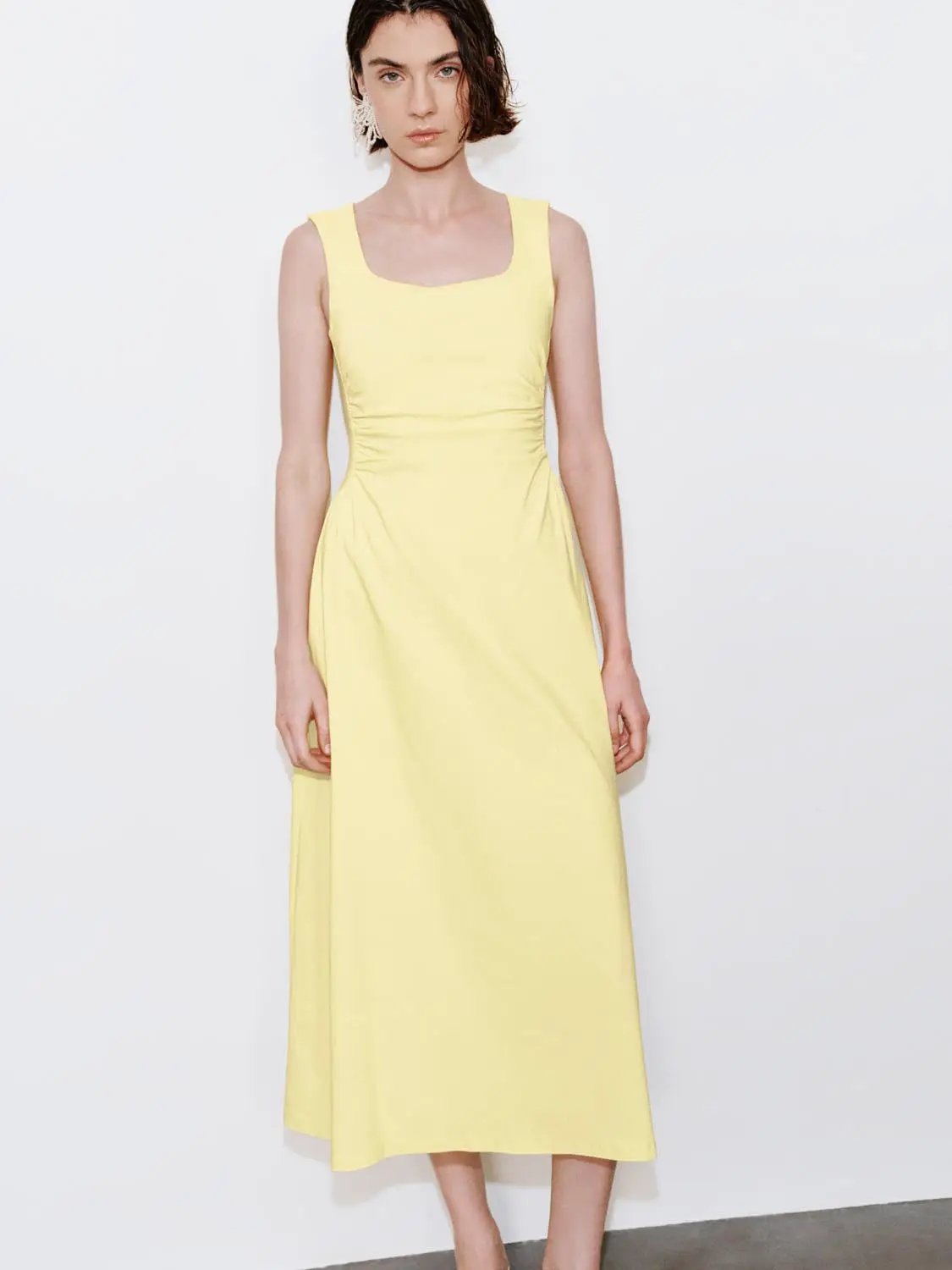 Viscose Blend U-Neck Ruched Waist A-Line Midi Dresses - Image 21