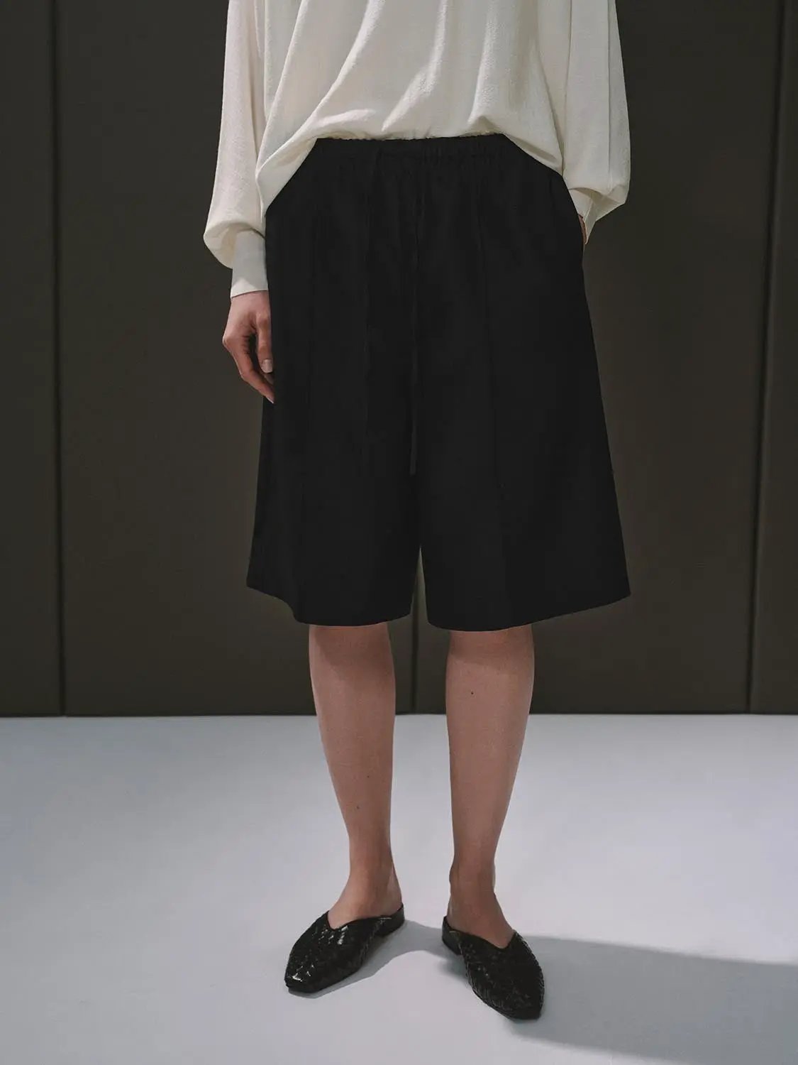 Wool Blend Drawstring Wide Leg Tailored Shorts
