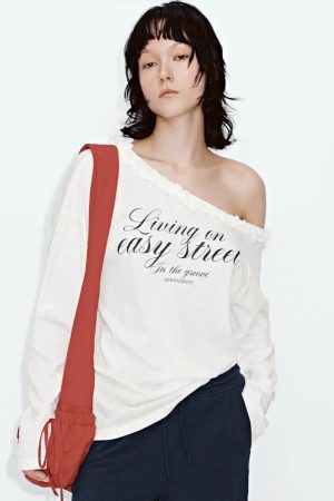 Ruffle Trim One Shoulder Printed Cotton Blend T Shirts
