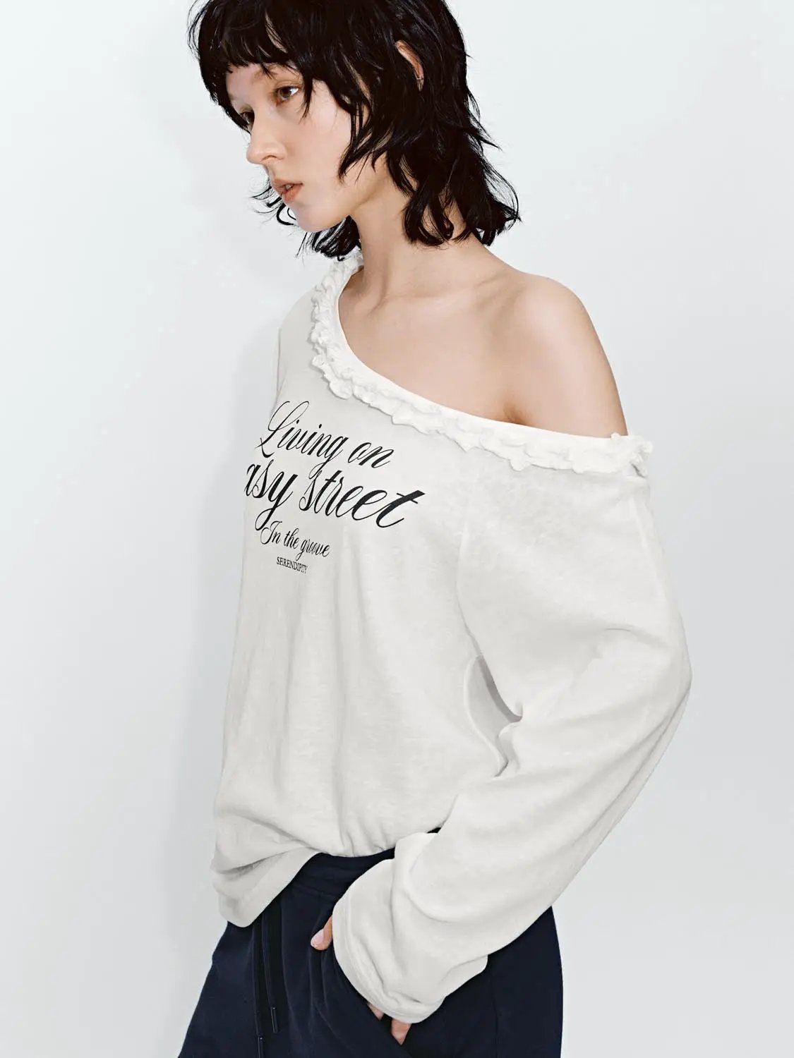 Ruffle Trim One Shoulder Printed Cotton Blend T Shirts - Image 2