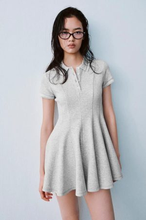 Polo Neck Short Sleeve A Line With Stretch Dresses