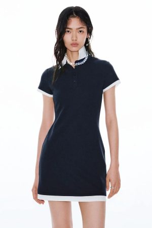 Navy Polo Neck A Line Contrast Trim Dress