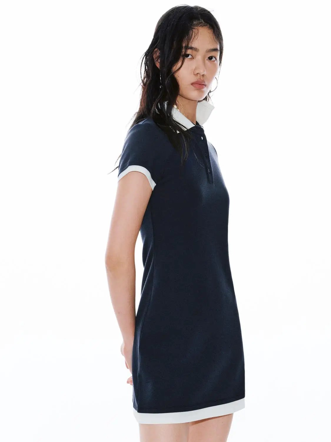Navy Polo Neck A Line Contrast Trim Dress - Image 2