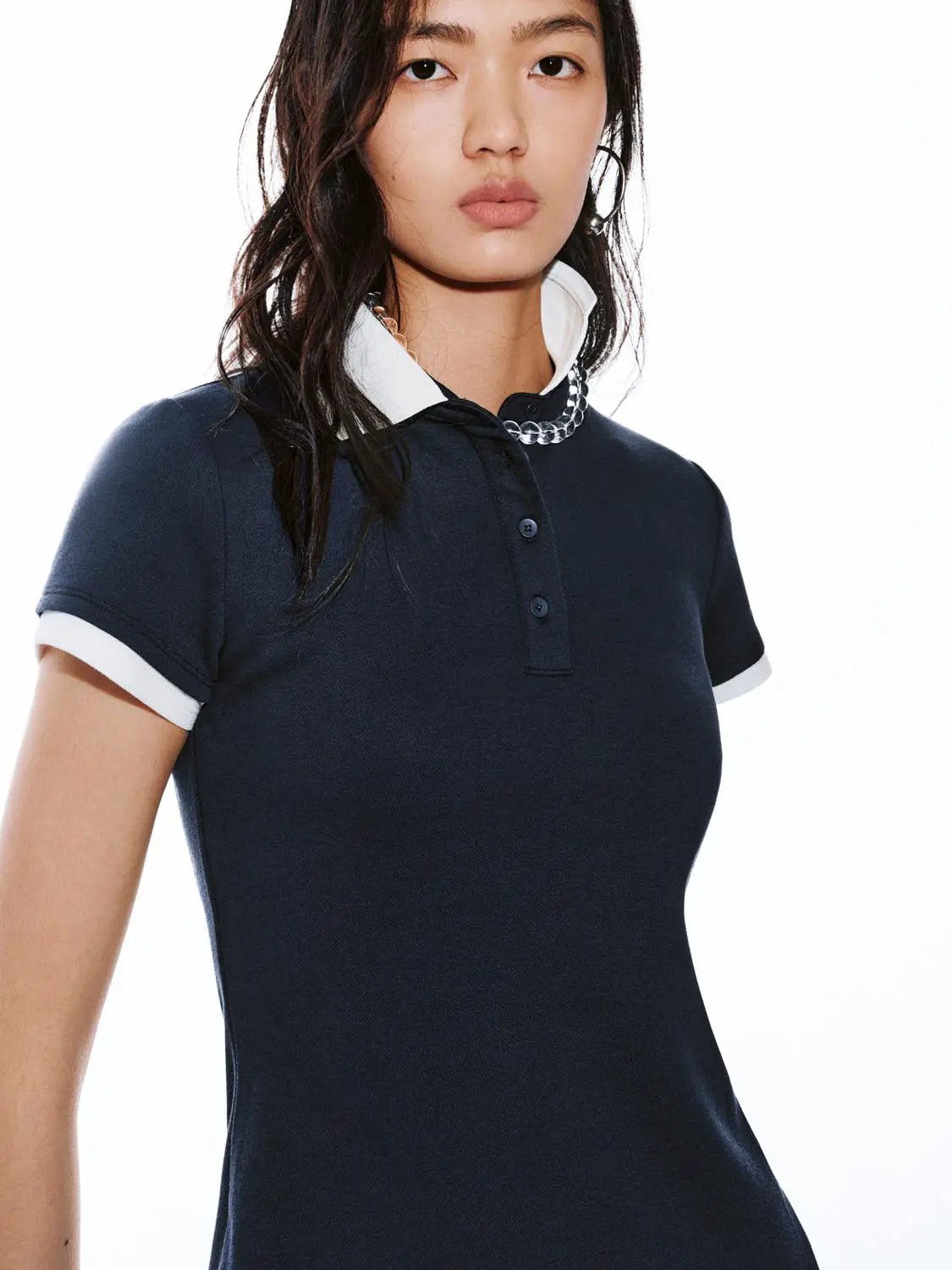 Navy Polo Neck A Line Contrast Trim Dress - Image 3