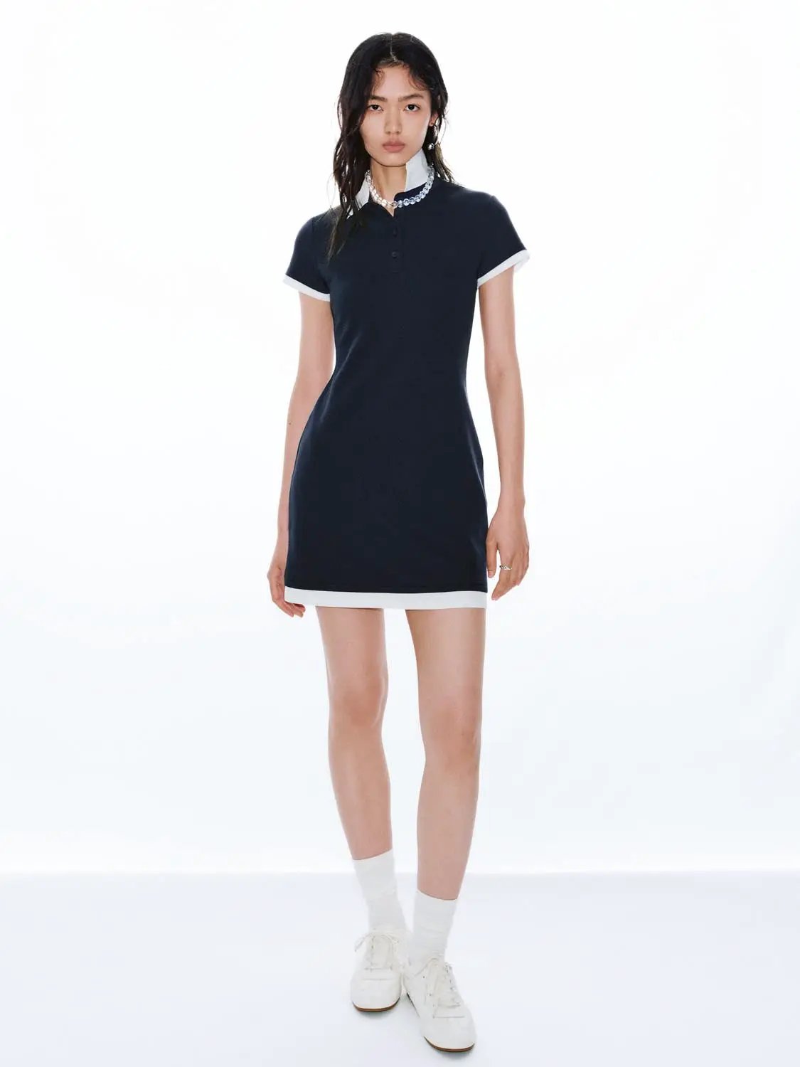 Navy Polo Neck A Line Contrast Trim Dress - Image 5