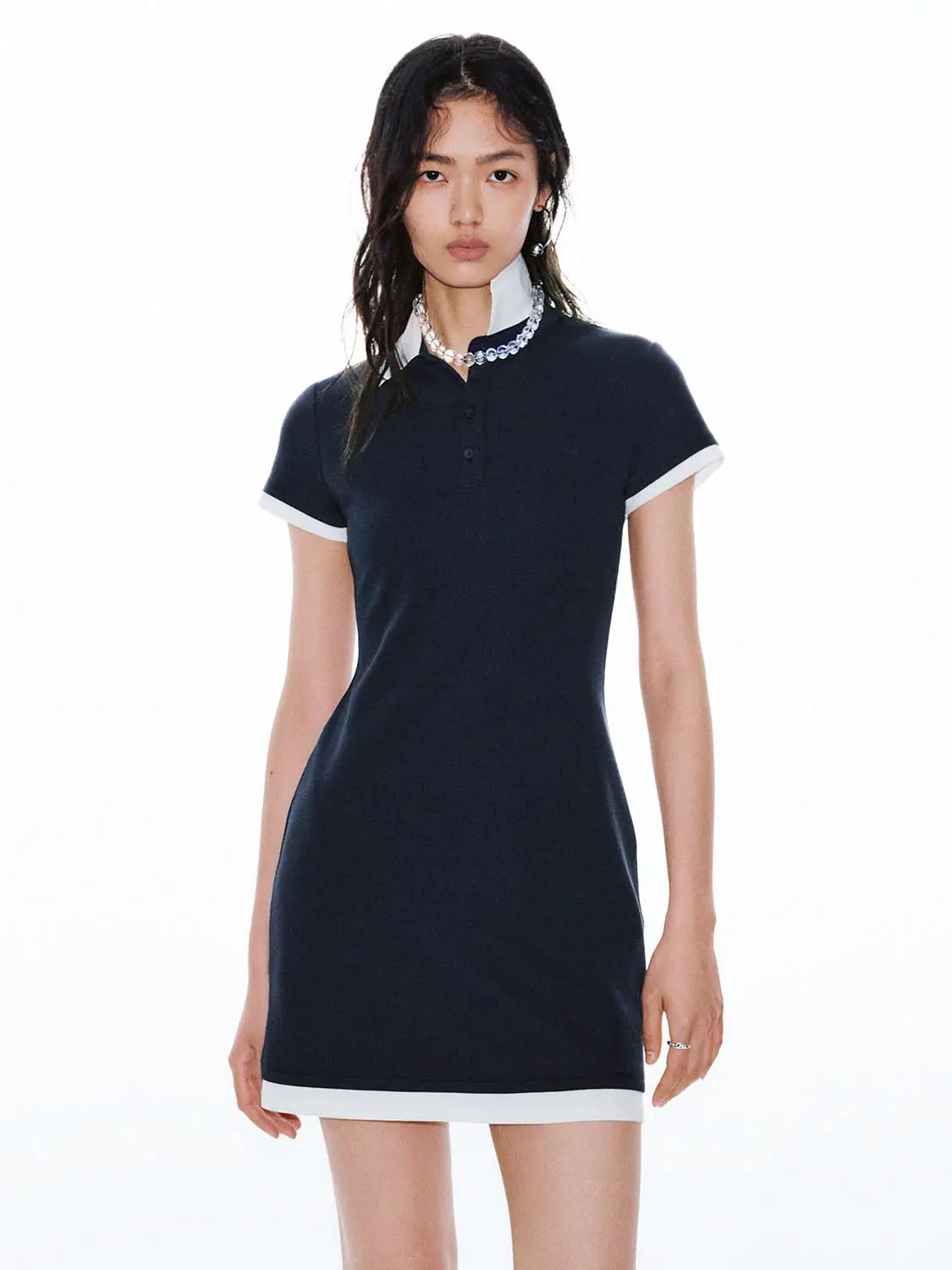 Navy Polo Neck A Line Contrast Trim Dress - Image 9