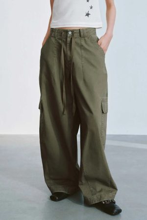 Cotton Drawstring Flap Pocket Cargo Pants