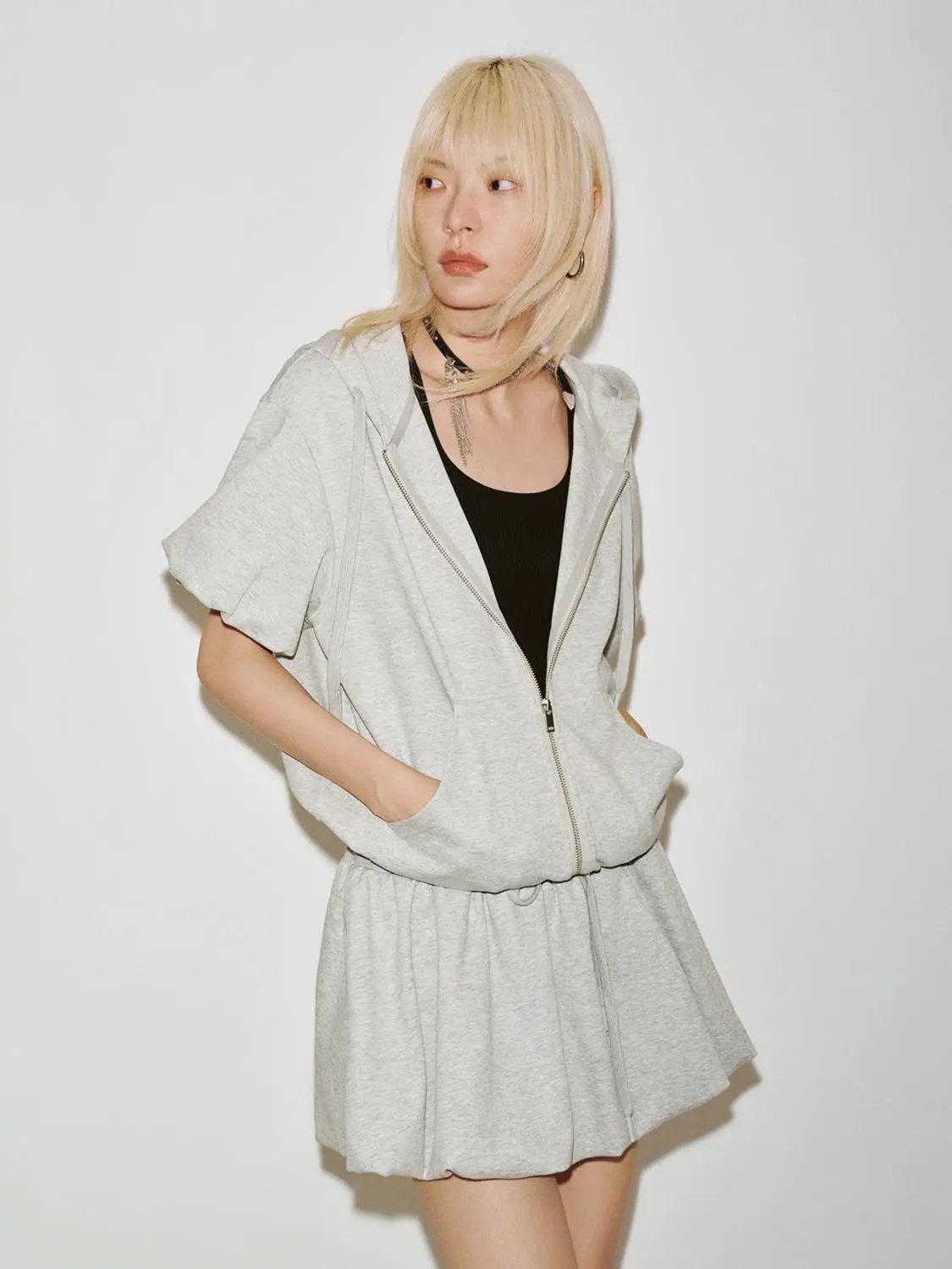 Cotton Blend Drawstring Hooded Balloon Hem Mini Dresses